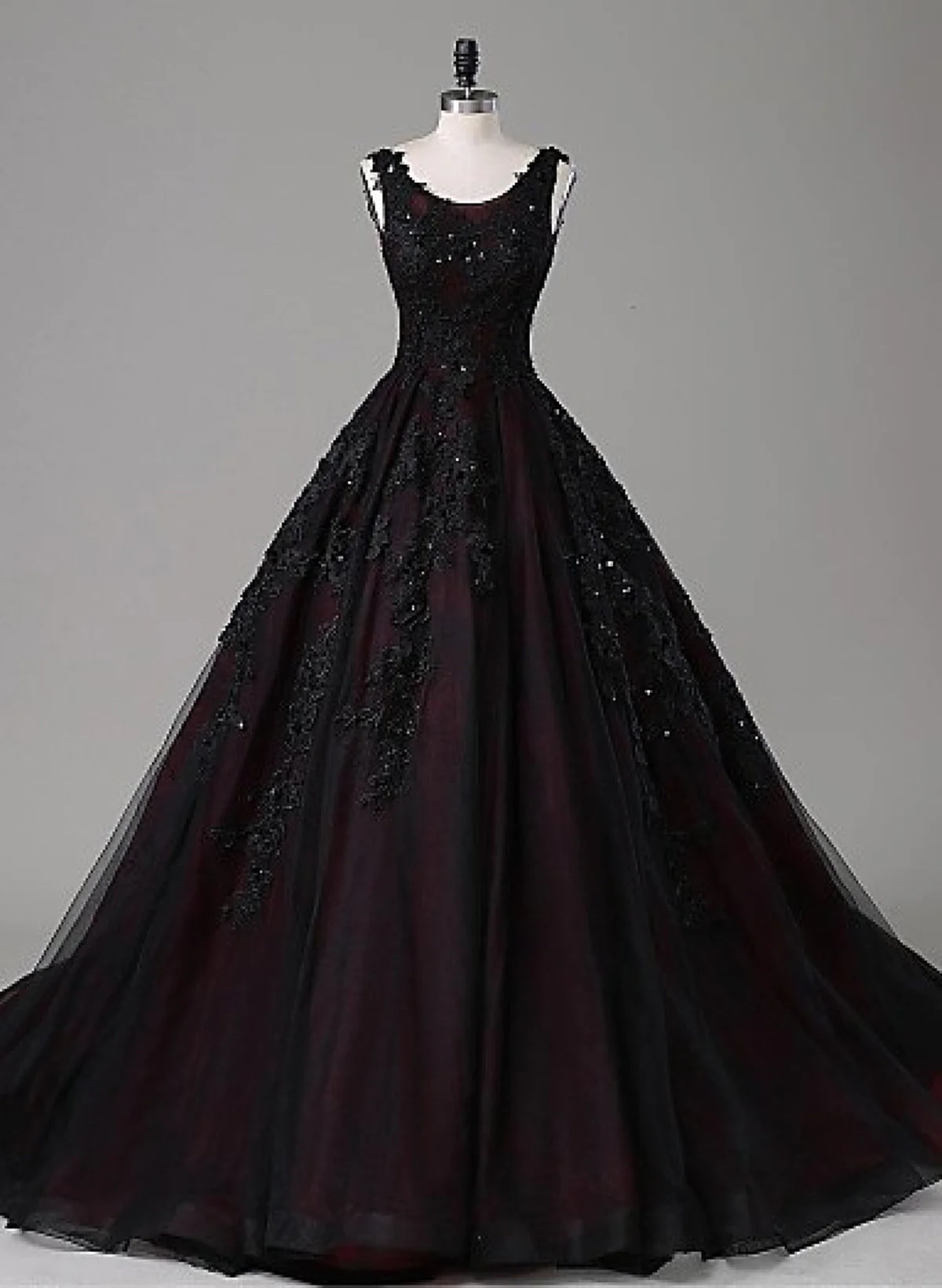 Black and Red Backless Tulle Long Formal Gown, Black and Red Long Prom Dress
