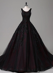Black and Red Backless Tulle Long Formal Gown, Black and Red Long Prom Dress
