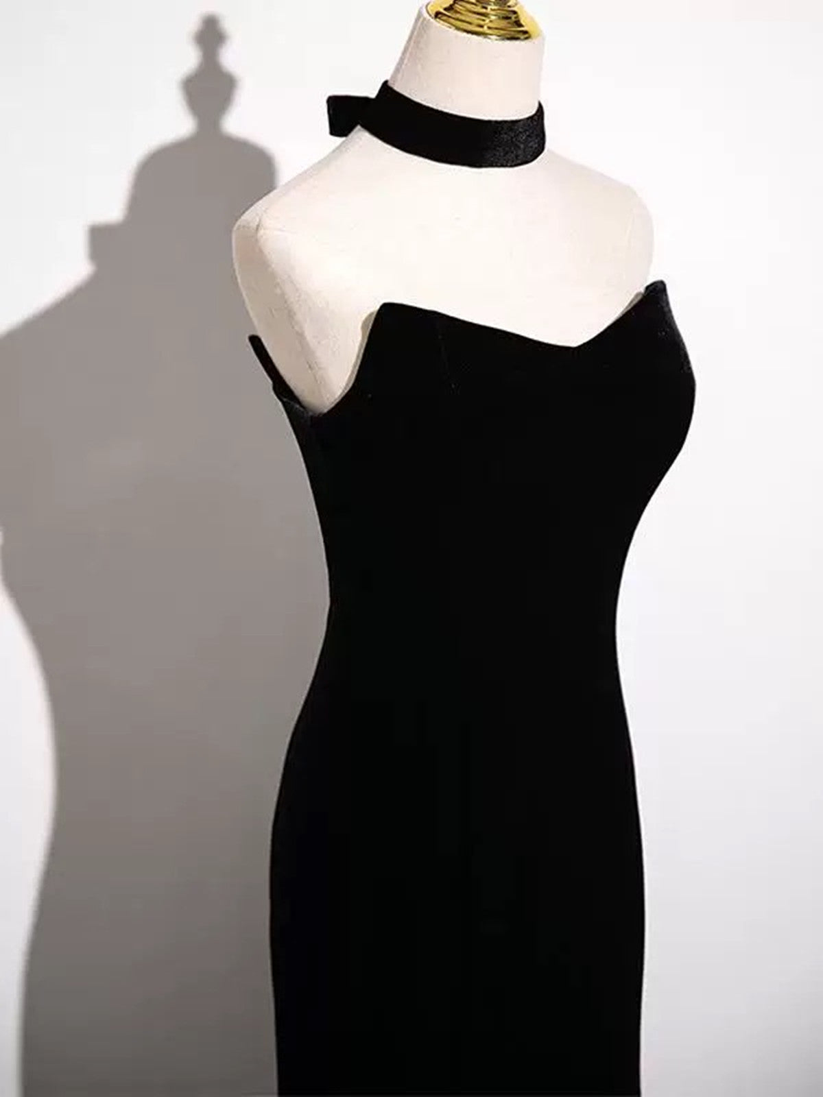 Black and White Mermaid Strapless Long Prom Dress, Velvet Formal Dress