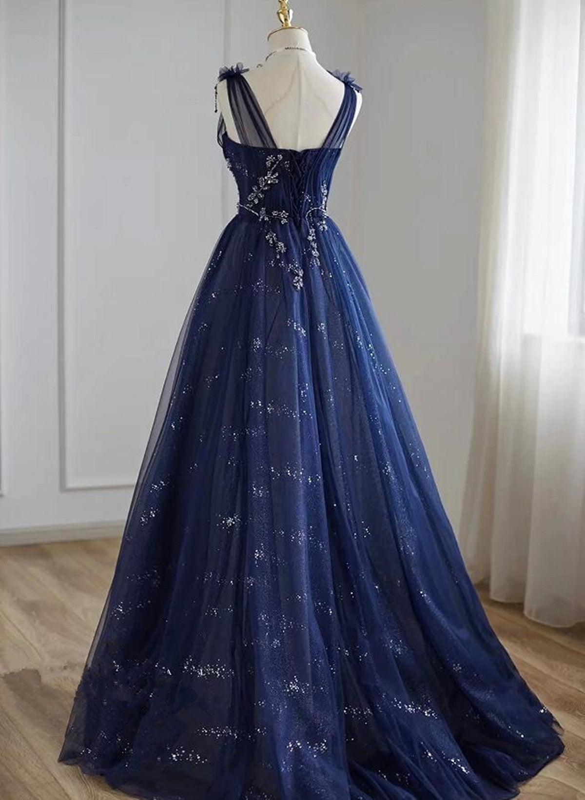 A-line Navy blue Tulle Beaded V-neckline Party Dress, Navy Blue Shiny Tulle Prom Dress
