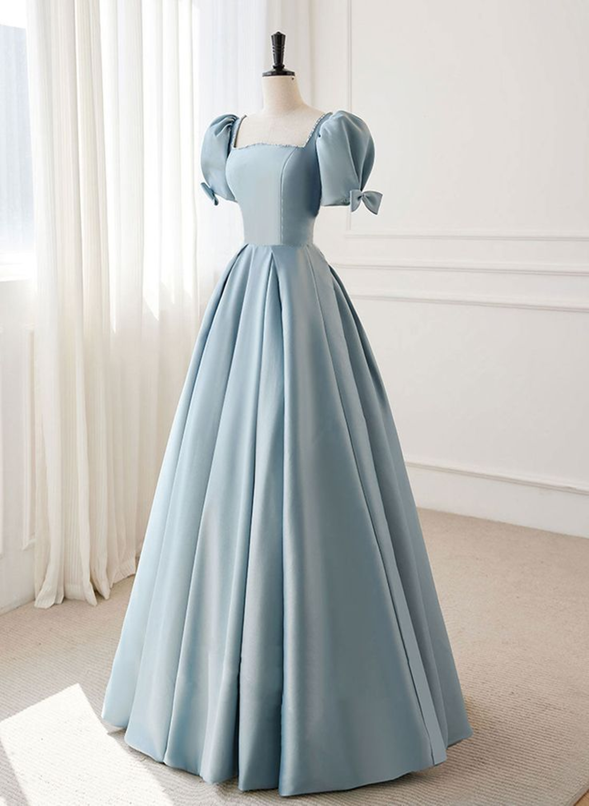A-line Blue Satin Short Sleevs Long Formal Dress, Blue Simple Floor Length Prom Dress
