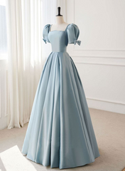 A-line Blue Satin Short Sleevs Long Formal Dress, Blue Simple Floor Length Prom Dress