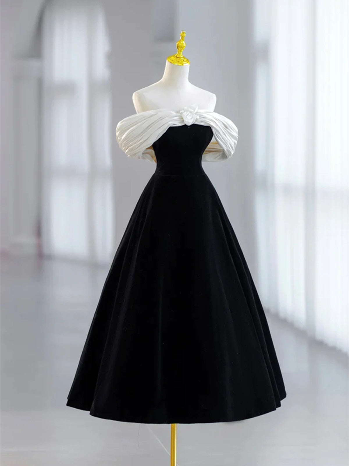 Black A-line Velvet Off Shoulder Lace-up Homecoming Dress, Black Velvet Party Dress