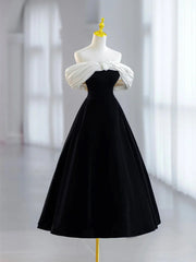 Black A-line Velvet Off Shoulder Lace-up Homecoming Dress, Black Velvet Party Dress