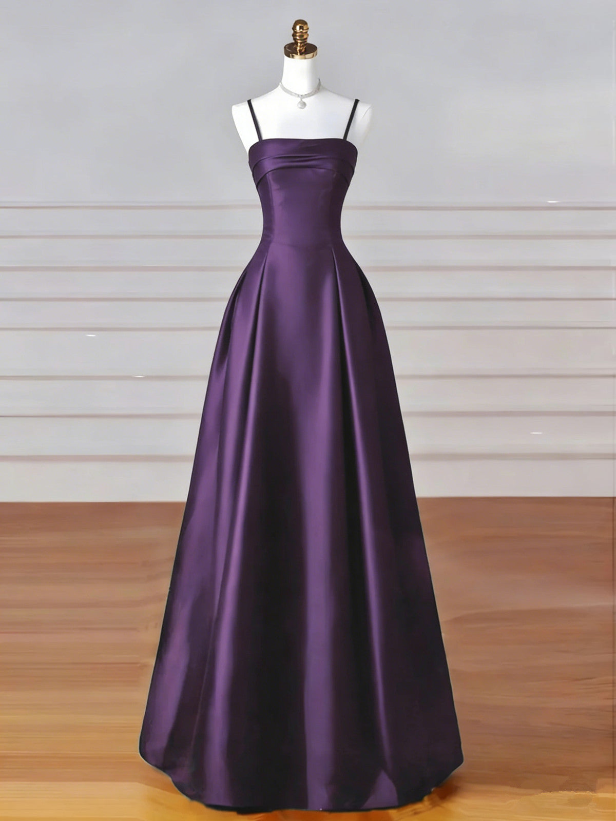 A-line Purple Satin Straps Long Formal Dress, Purple Satin Floor Length Party Dress