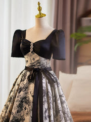 Black A-line Satin Short Sleeves Beaded Party Dress, Black Floral Satin Prom Dress