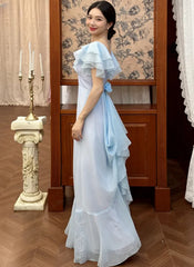 Baby Blue Long Prom Dress with Ruffled Sleeves, A-Line Evening Gown Wedding Party Dress