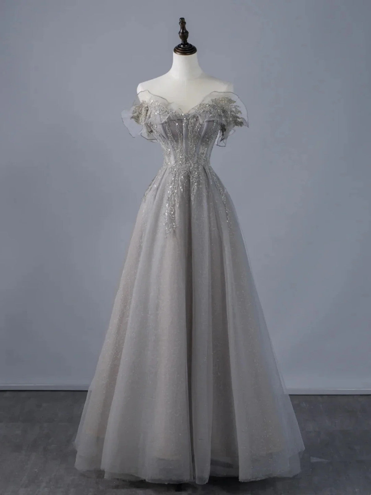 A-line Grey Tulle Sweetheart Long Prom Dress with Lace Applique, Grey Long Evening Dress Party Dress