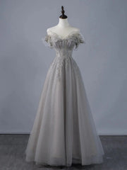 A-line Grey Tulle Sweetheart Long Prom Dress with Lace Applique, Grey Long Evening Dress Party Dress