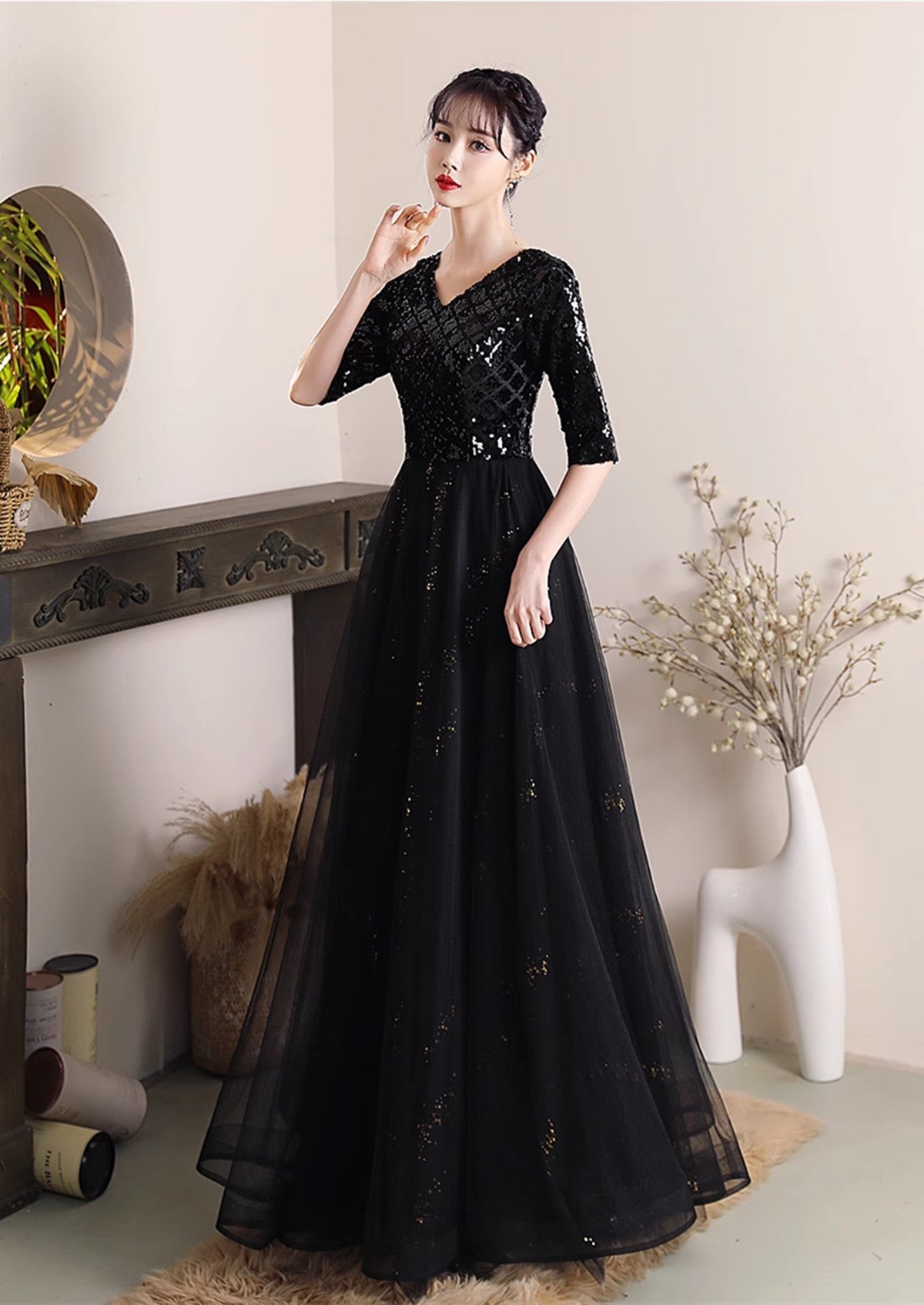 Black A-line Sequins and Tulle Long Formal Dress, Black Wedding Party Dress