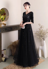 Black A-line Sequins and Tulle Long Formal Dress, Black Wedding Party Dress
