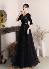 Black A-line Sequins and Tulle Long Formal Dress, Black Wedding Party Dress