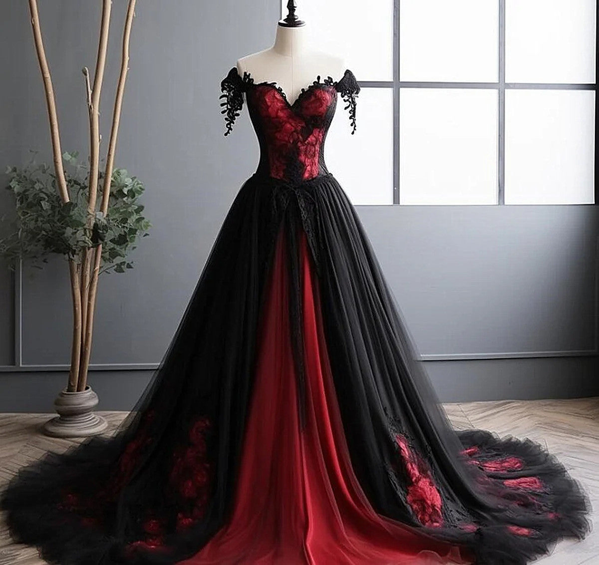 Black and Red Lace Tulle Off Shoulder Prom Dress, Black and Red Formal Dress