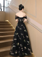 Black Floral Off Shoulder Tulle Long Prom Dress, Black Evening Dress