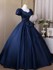 A-line Navy Blue Satin Short Sleeves Sweetheart Party Dress, Navy Blue Satin Prom Dress