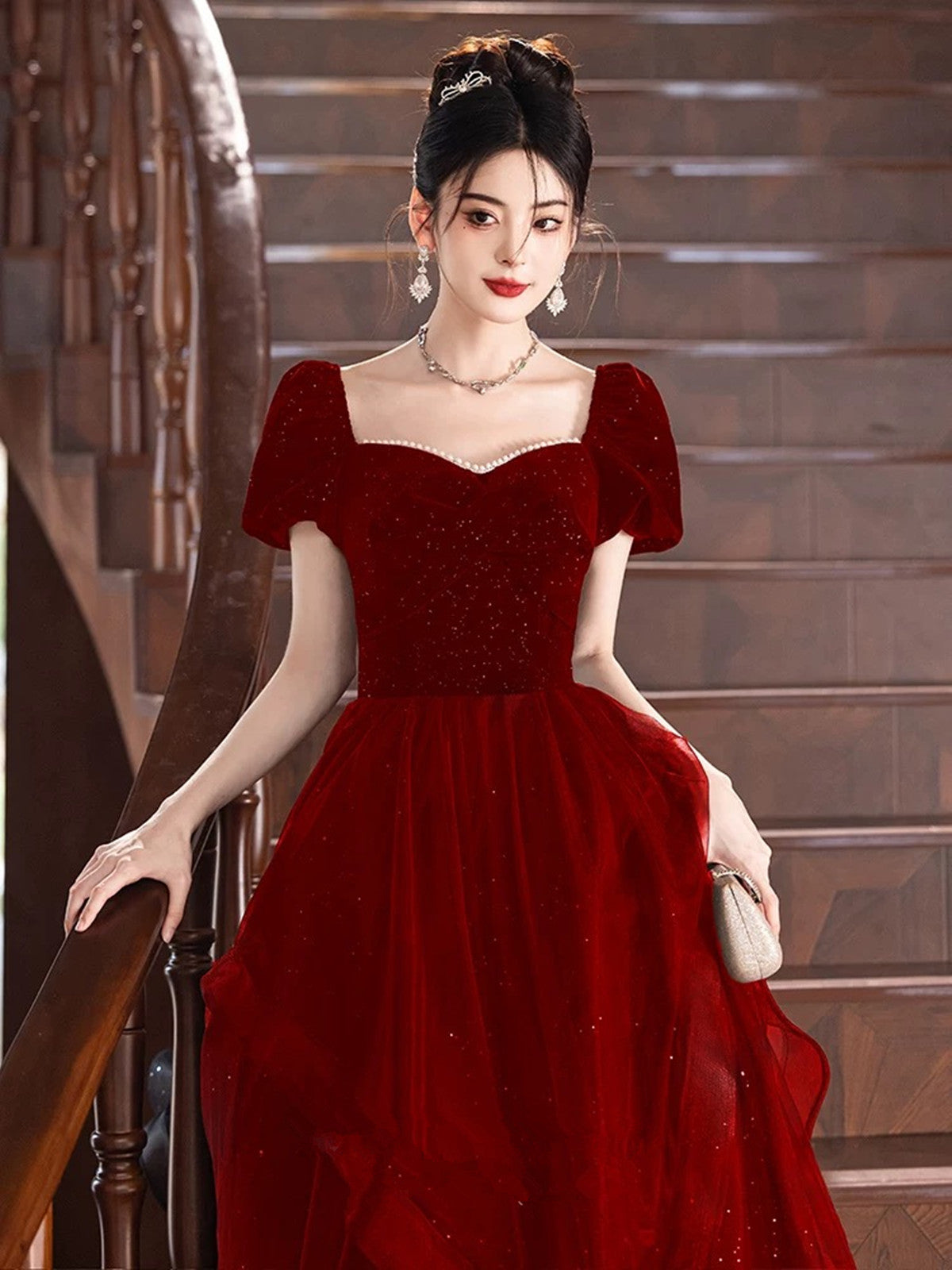 A-line Wine Red Short Sleeves Sweetheart Prom Dress, Wine Red Velvet Party Dress