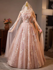 A-line Pink Tulle with Lace Floor Length Party Dress, Pink Lace Prom Dress with Cape