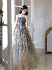 A-line Blue Gradient Tulle Scoop Long Party Dress, Blue Tulle Prom Dress