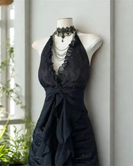 Black Lace Halter V-neckline Floor Length Party Dress, Black Lace A-line  Prom Dress
