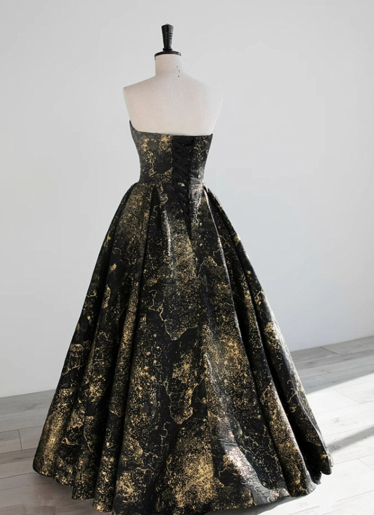 A-line Black and Gold Foral Satin Party Dress, Black Satin Prom Dress Evening Dress