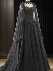Black A-line Tulle Long Party Dress with Cap, Black Tulle with Lace Applique Prom Dress