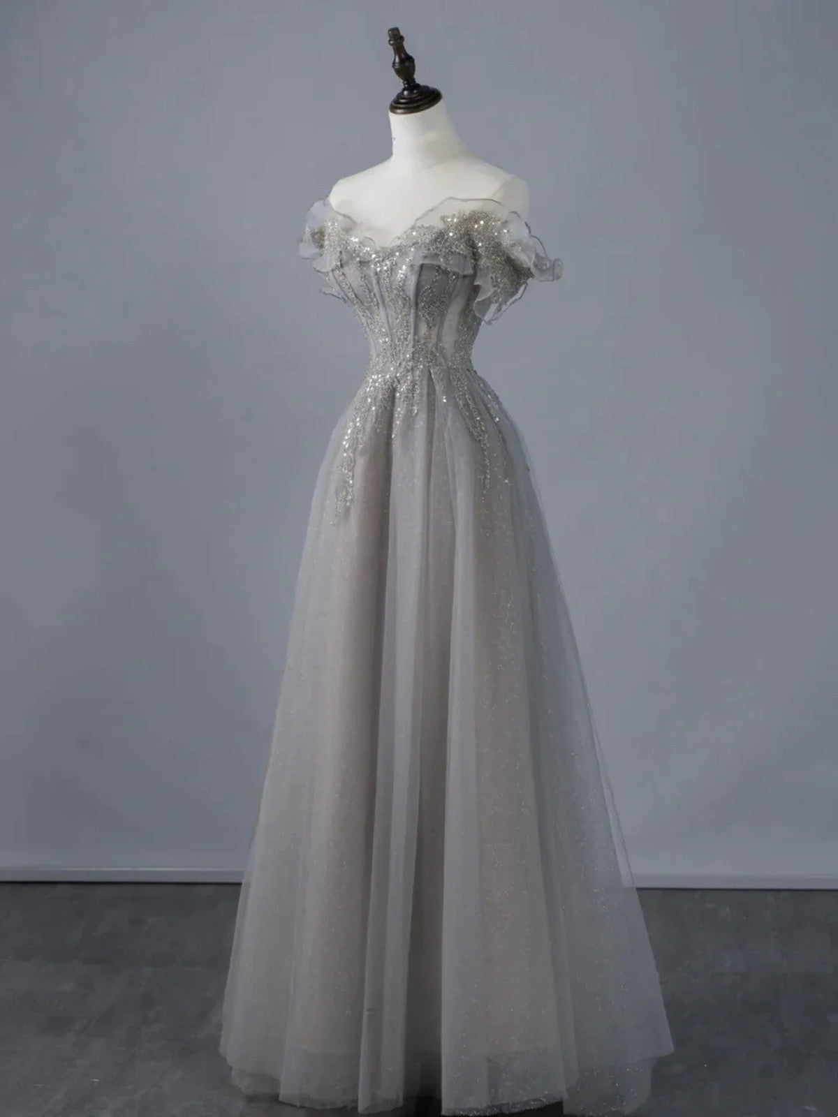 A-line Grey Tulle Sweetheart Long Prom Dress with Lace Applique, Grey Long Evening Dress Party Dress