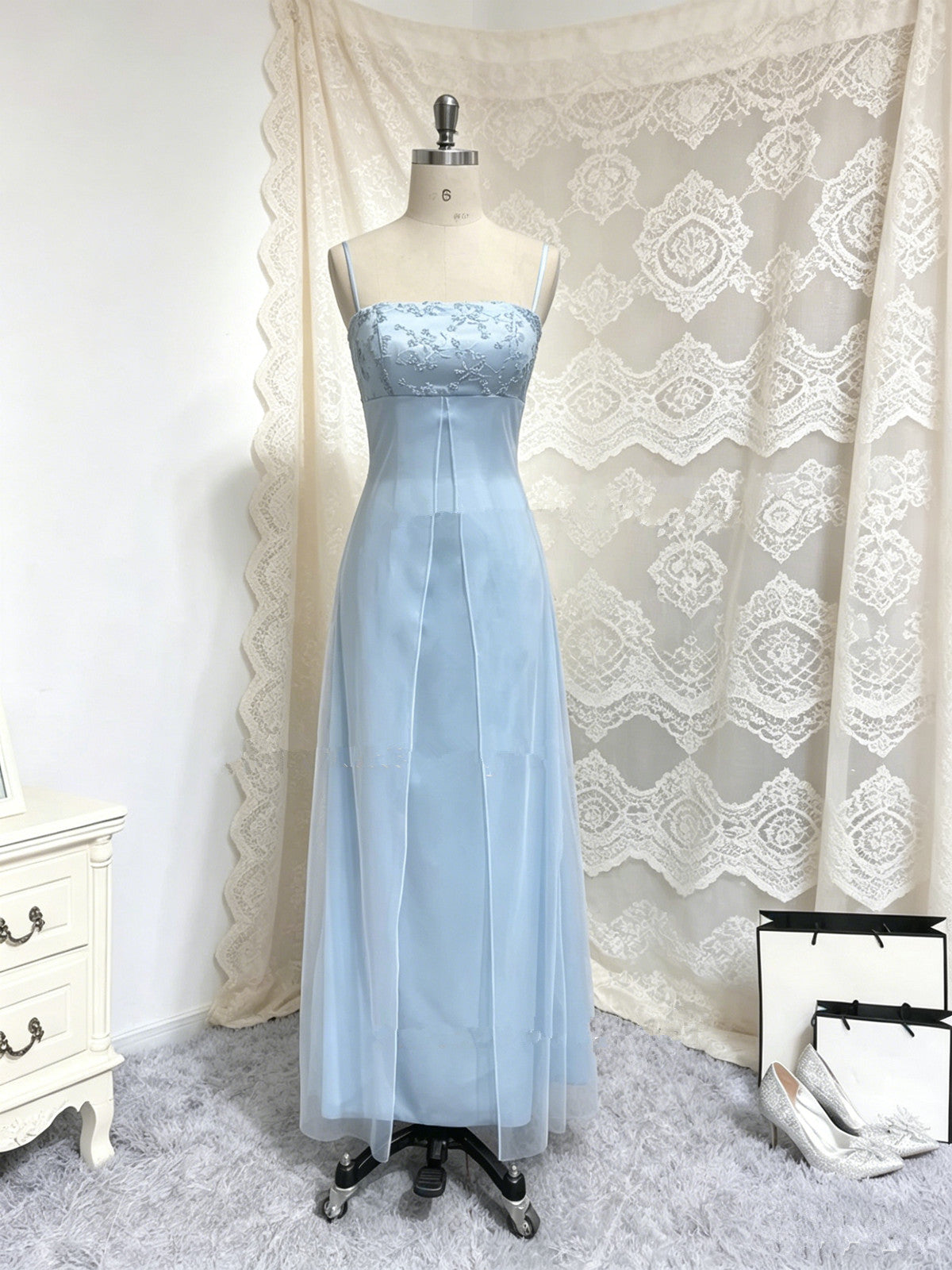 A-line Light Blue Straps Square Neck Long Party Dress Prom Dress, Light Blue Low Back Evening Dress