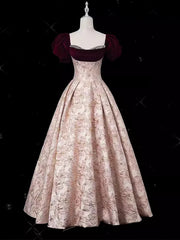 A-line Pink Floral Beaded Short Sleeves Prom Dress, Pink Floor Length Evening Dress