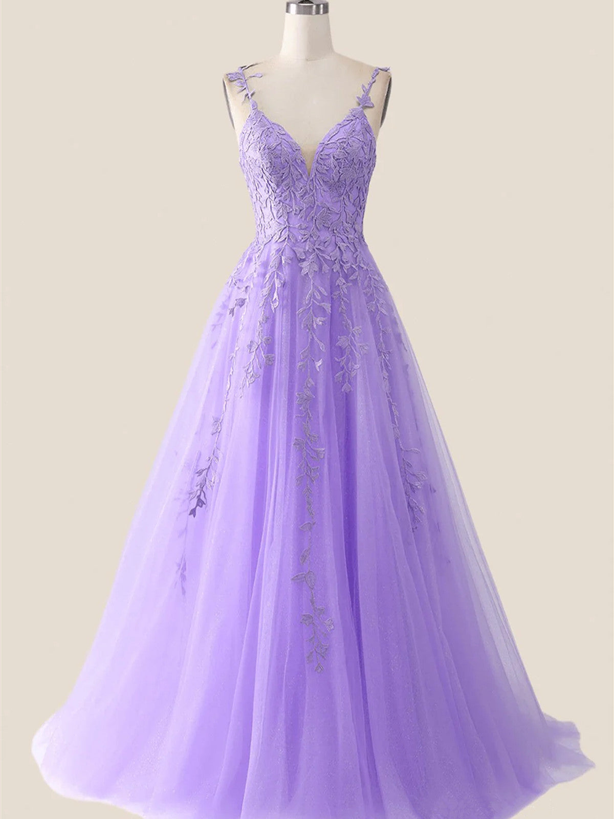 A-line Purple Tulle with Lace Applique Party Dress, Purple Long Prom Dress