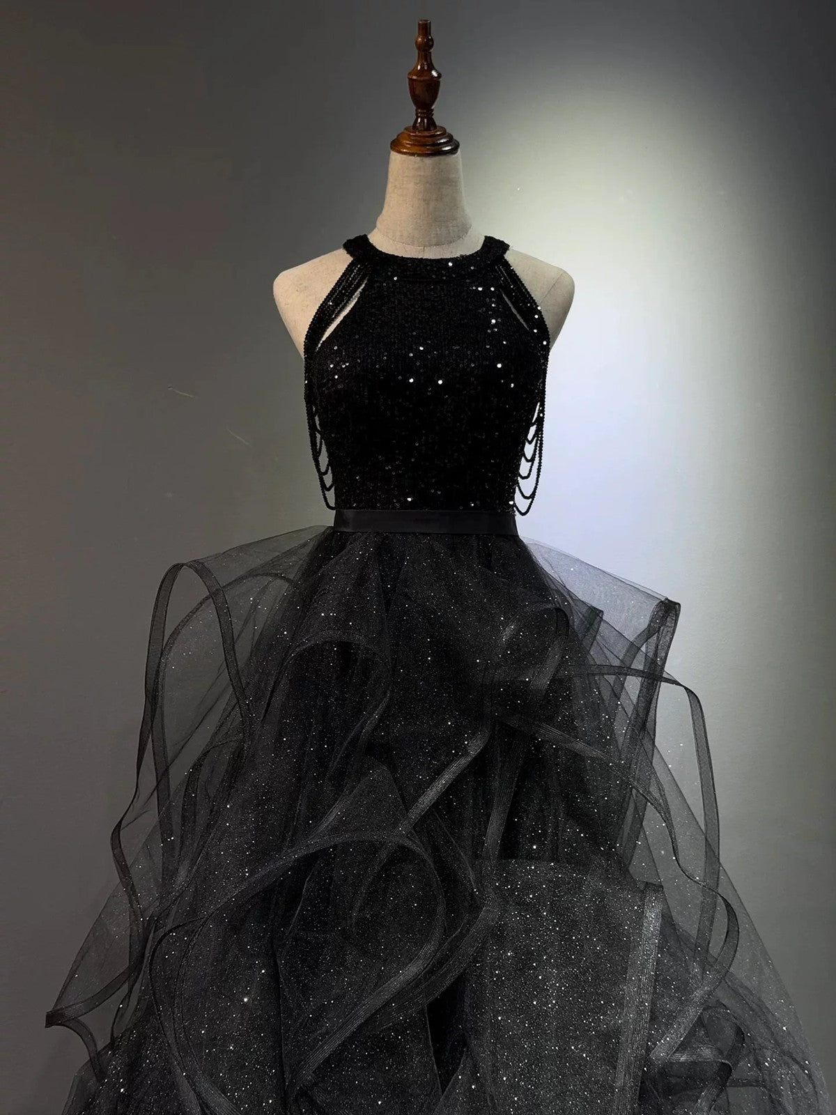 Black Halter Sequins and Tulle Beaded Prom Dress, Black Chic Long Party Dress Evening Dress