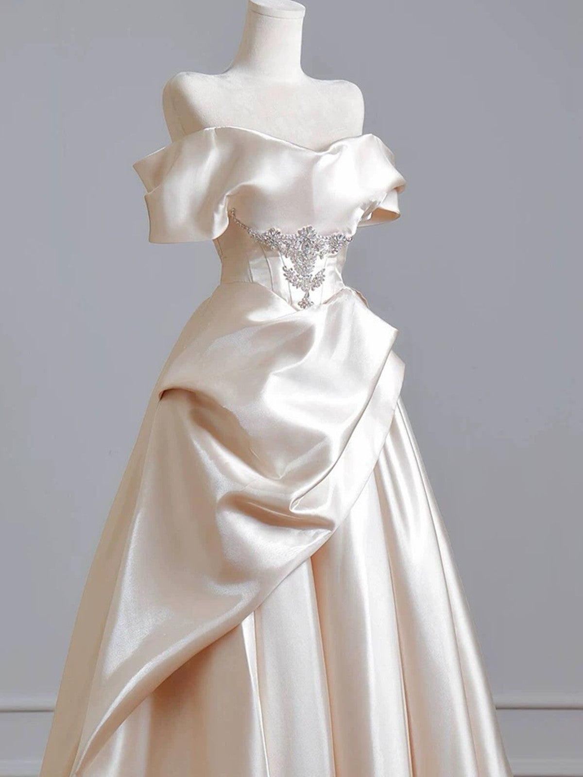 A-line Satin Light Champagne Beaded Prom Dress, Off Shoulder Satin Long Evening Gowns