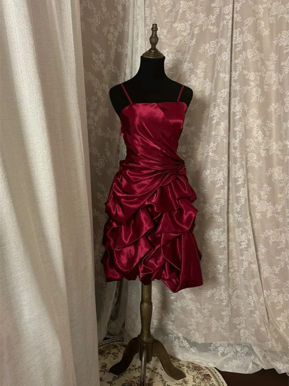 A-line Wine Red Satin Straps Knee Length Homecoming Dress, Wine Red Short Party Dress