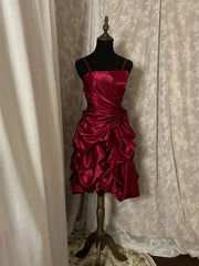A-line Wine Red Satin Straps Knee Length Homecoming Dress, Wine Red Short Party Dress