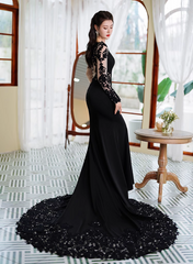 Black Mermaid Long Sleeves with Lace Wedding Party Dress, Black Mermaid Prom Dress