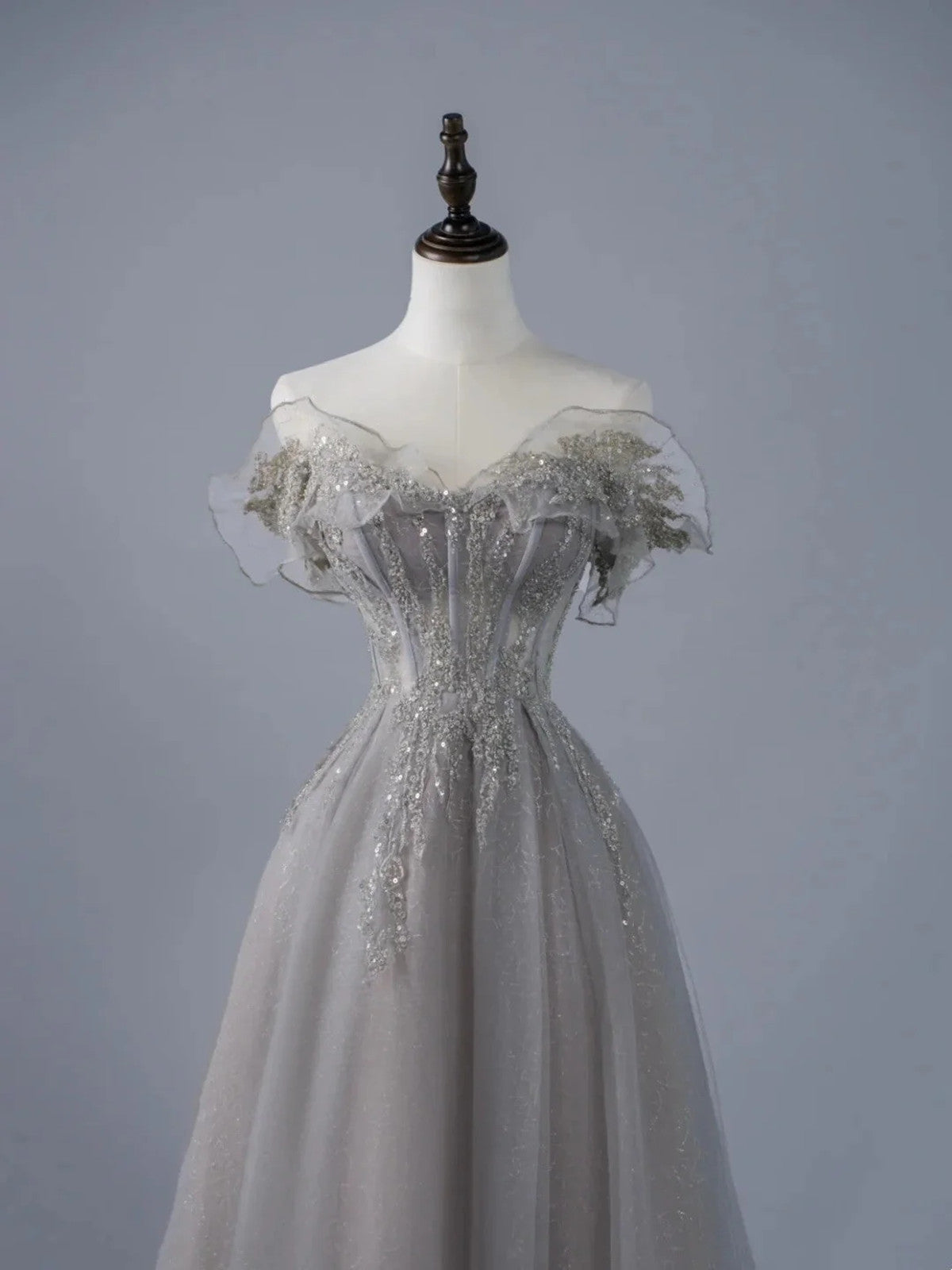 A-line Grey Tulle Sweetheart Long Prom Dress with Lace Applique, Grey Long Evening Dress Party Dress