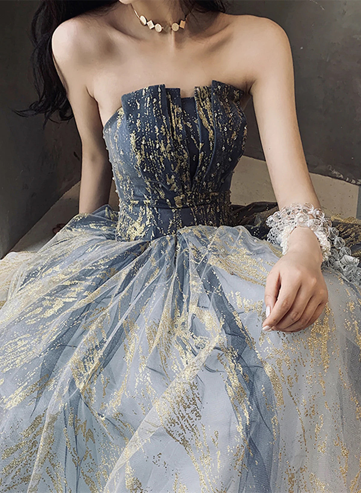 Beautiful Blue A-line Tulle Beaded Long Party Dress, Blue Prom Dress