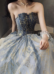 Beautiful Blue A-line Tulle Beaded Long Party Dress, Blue Prom Dress