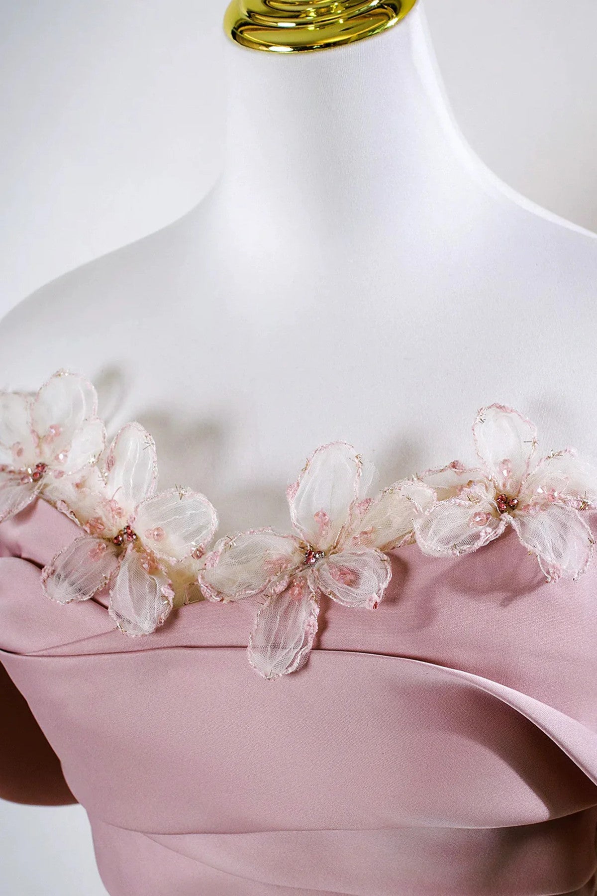 Beautiful Pink Satin and Lace Off Shoulder Formal Dress, A-line Pink Long Prom Dress