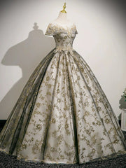 A-line Round Neckline Floral Lace And Tulle Party Dress, Lace Applique Long Sweet 16 Dress
