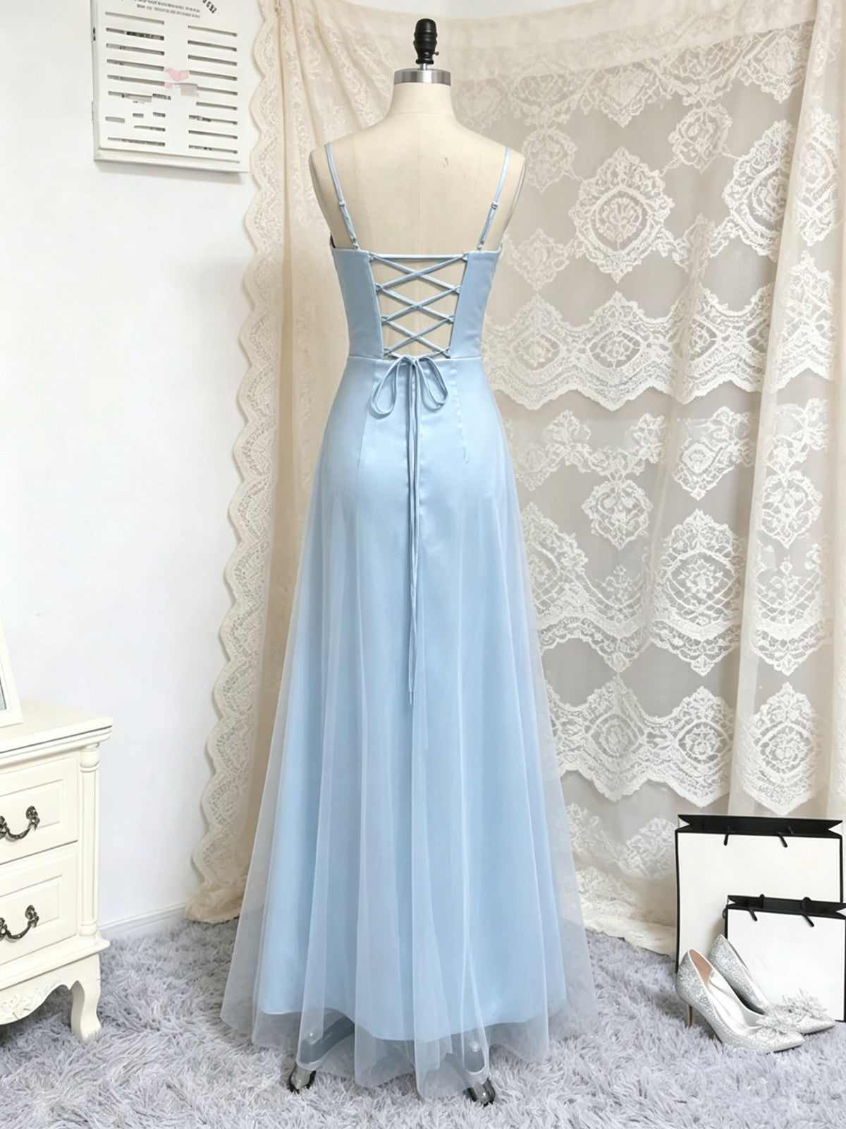 A-line Light Blue Straps Square Neck Long Party Dress Prom Dress, Light Blue Low Back Evening Dress
