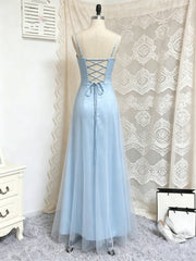 A-line Light Blue Straps Square Neck Long Party Dress Prom Dress, Light Blue Low Back Evening Dress