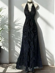 Black Lace Halter V-neckline Floor Length Party Dress, Black Lace A-line  Prom Dress