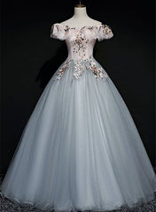 A-line Off Shoulder Long Off Shoulder Party Dress, Tulle Sweet 16 Dress
