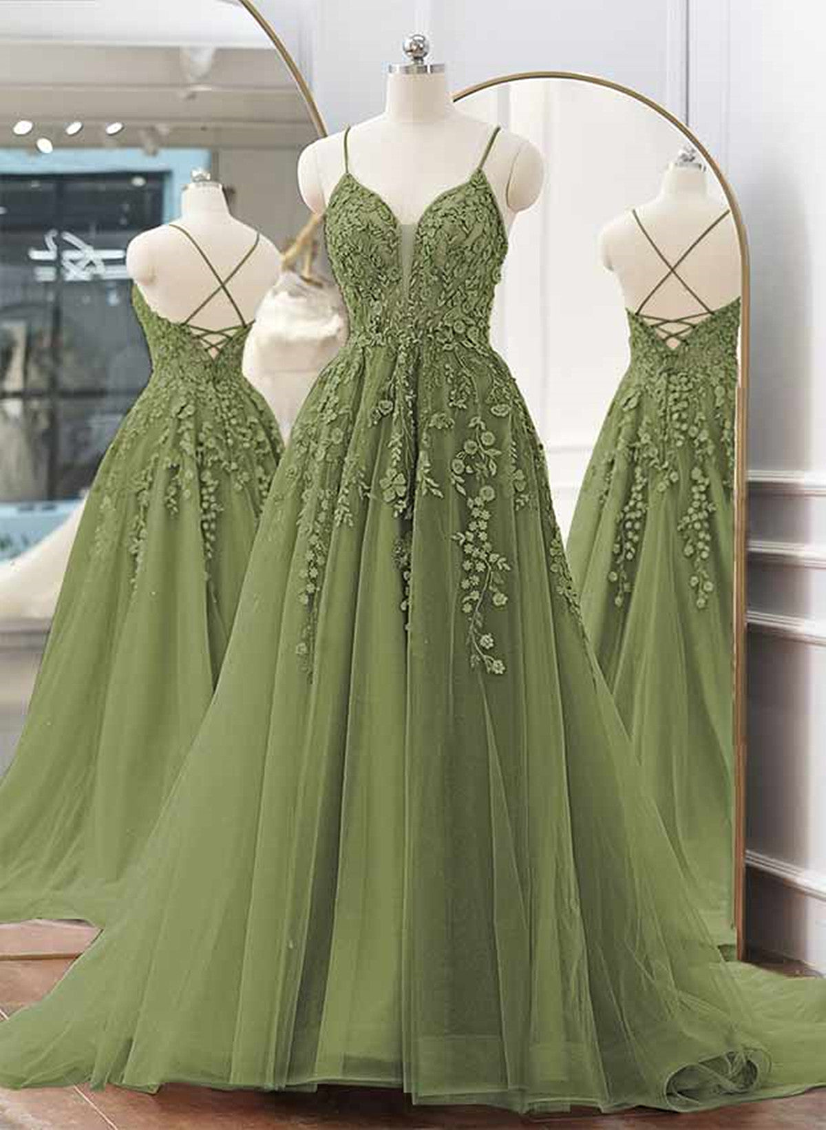 A-line Spaghetti Straps Sweep Train Prom Dress, Sage Green Tulle  Formal Dress