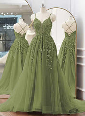 A-line Spaghetti Straps Sweep Train Prom Dress, Sage Green Tulle  Formal Dress