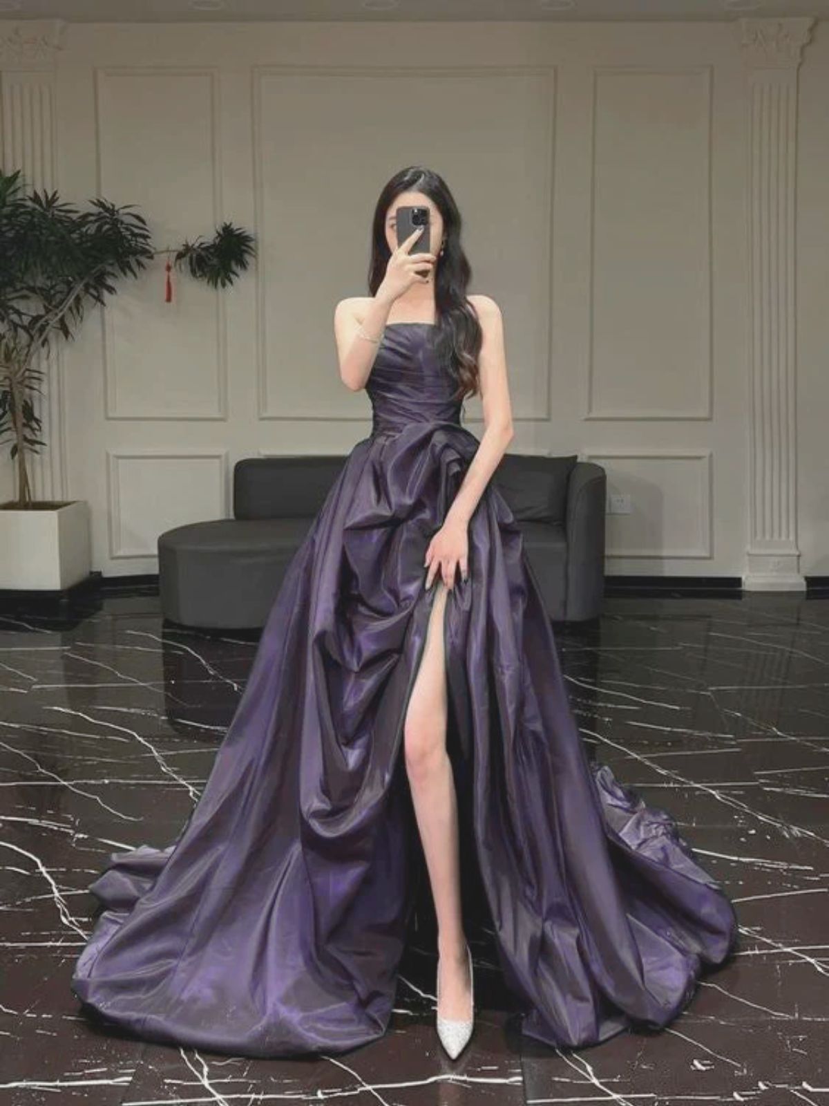 Beautiful Purple Strapless Long Formal Dress with Leg Slit, Green Evening Dress Prom Dress