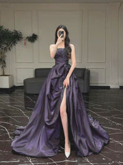 Beautiful Purple Strapless Long Formal Dress with Leg Slit, Green Evening Dress Prom Dress
