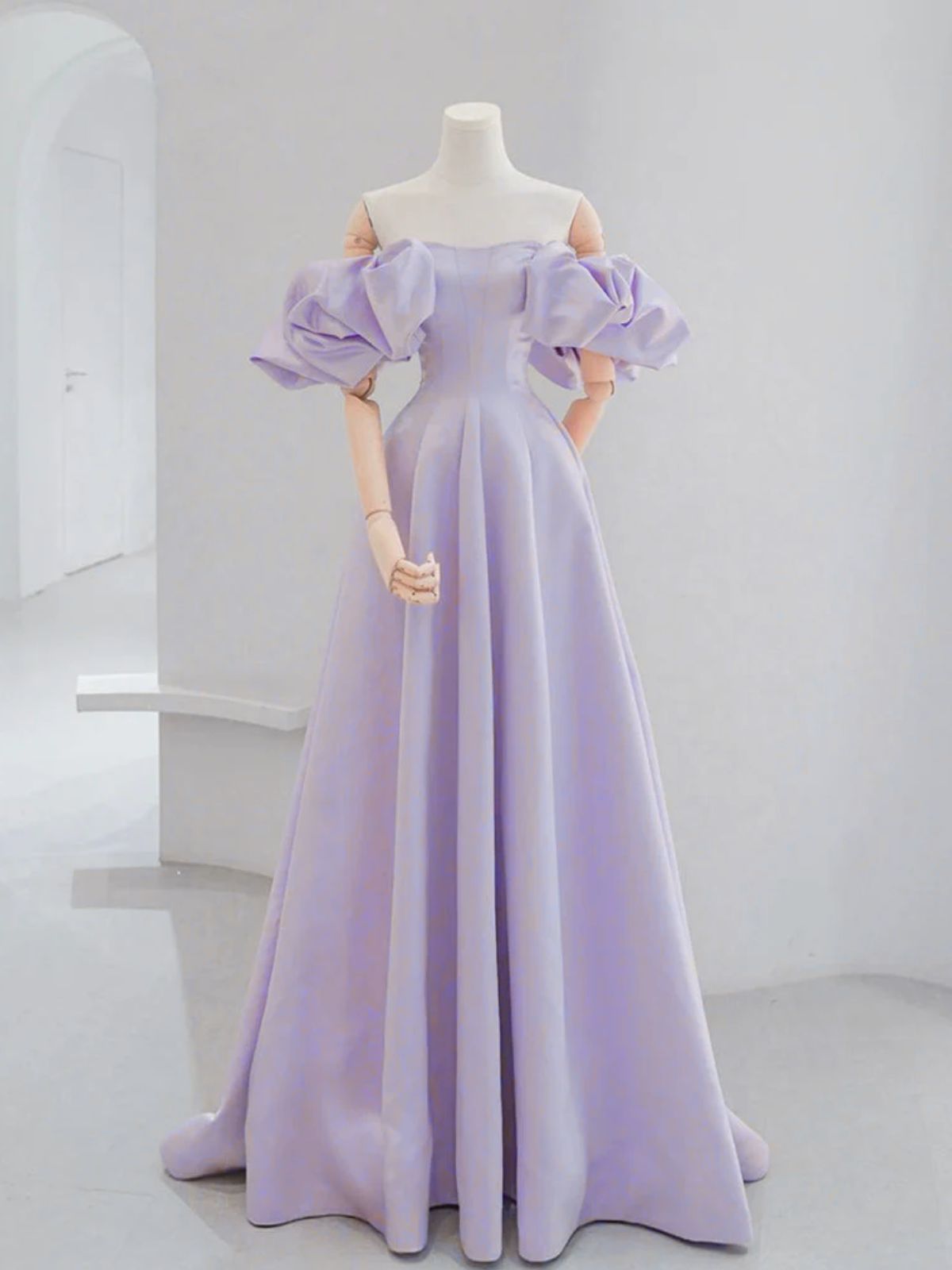 A-line Light Purple Satin Off Shoulder Prom Dress, Light Purple Puffy Sleeves Party Dress