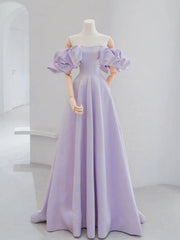 A-line Light Purple Satin Off Shoulder Prom Dress, Light Purple Puffy Sleeves Party Dress