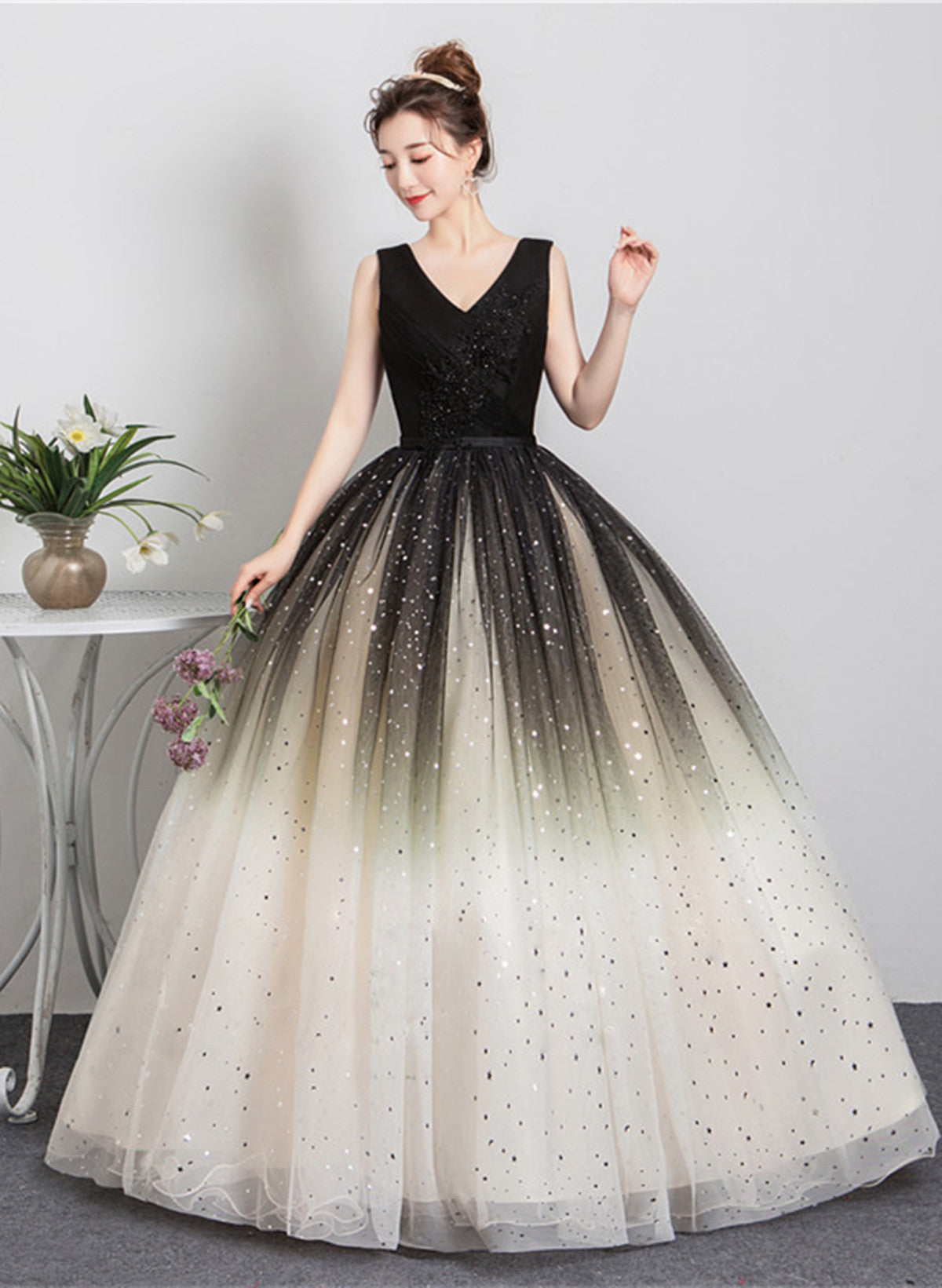Beautiful Gradient Tulle V-neckline Ball Gown Party Dress, Gradient Sweet 16 Dress